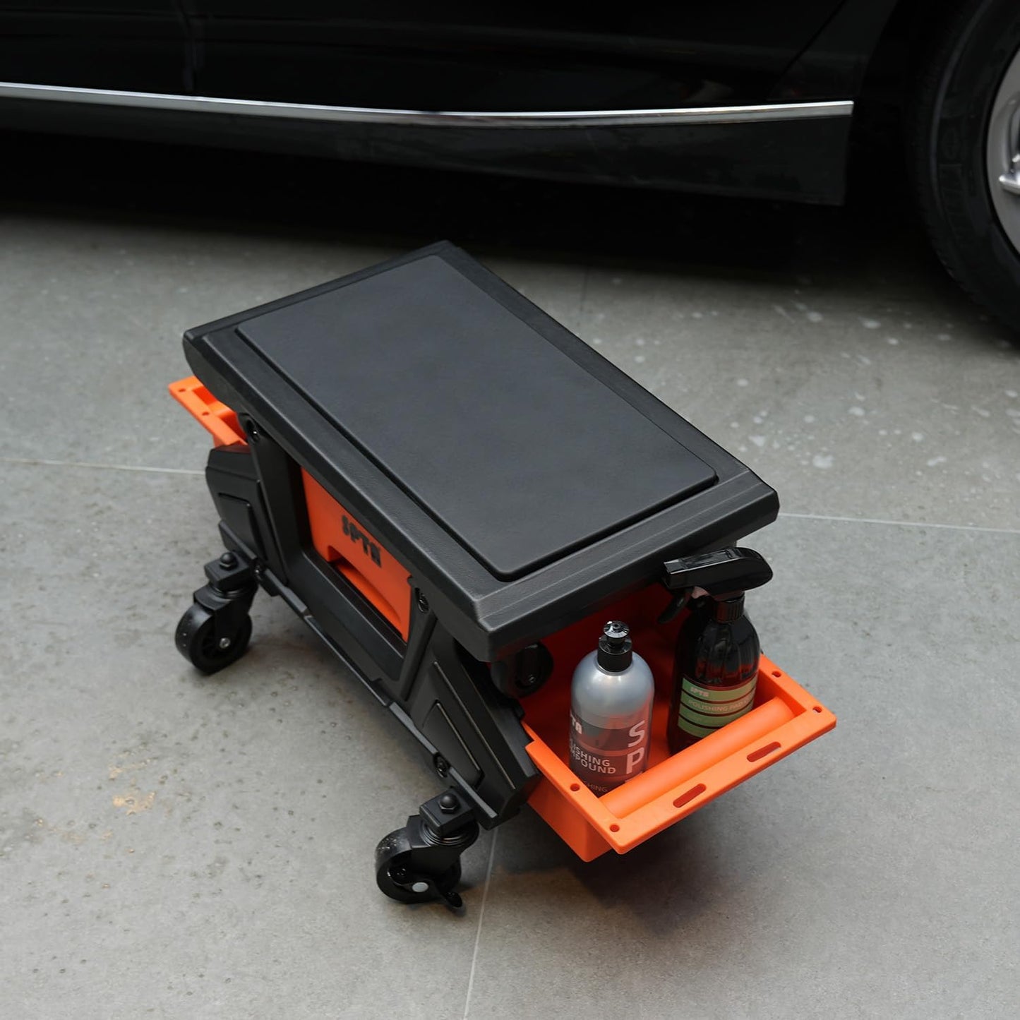 SPTA Automotive Mobile Rolling Mechanics Stool - Heavy Duty Roller Creeper Seat Soft Rubber Cushion Brake Wheels Storage Drawers Tray Roller Seat for Home DIY Garage Car Detail, 330lb Load Bear -PT161