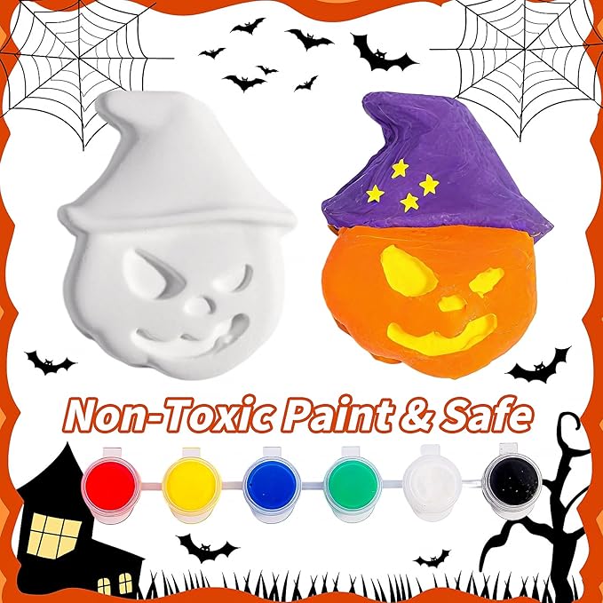 xFFFun DIY Halloween Painting Kit, 24 Set Ceramics to Paint with Unpainted Pumpkin Ghost Bat Ready to Paint Ceramics for Classroom Activity Halloween Gifts Party Decor
