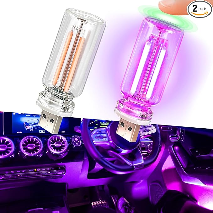 2PCS Car USB Night Lights, Touch Dimmable Vehicle Interior Ambient Lamp, Portable Retro Glass LED Light for Auto Decorations, Bedroom, Office, Camping, Gifts for Women and Men (Purple)