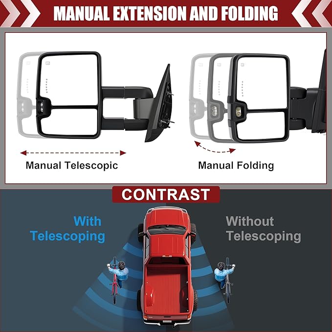 Tow Mirrors Compatible with 2007-2013 Chevy Silverado GMC Sierra, Extended Trailer Towing Side Mirrors with Sequential Switchback Turn Signal, Backup Light, Power Heated Adjustable, Chrome