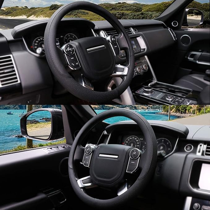 COFIT Breathable Car Steering Wheel Cover 16 inch Auto Universal Leather Wrap Non-Slip Protector Automotive Interior Accessories, Black (Suit for 15.5-16 inch)