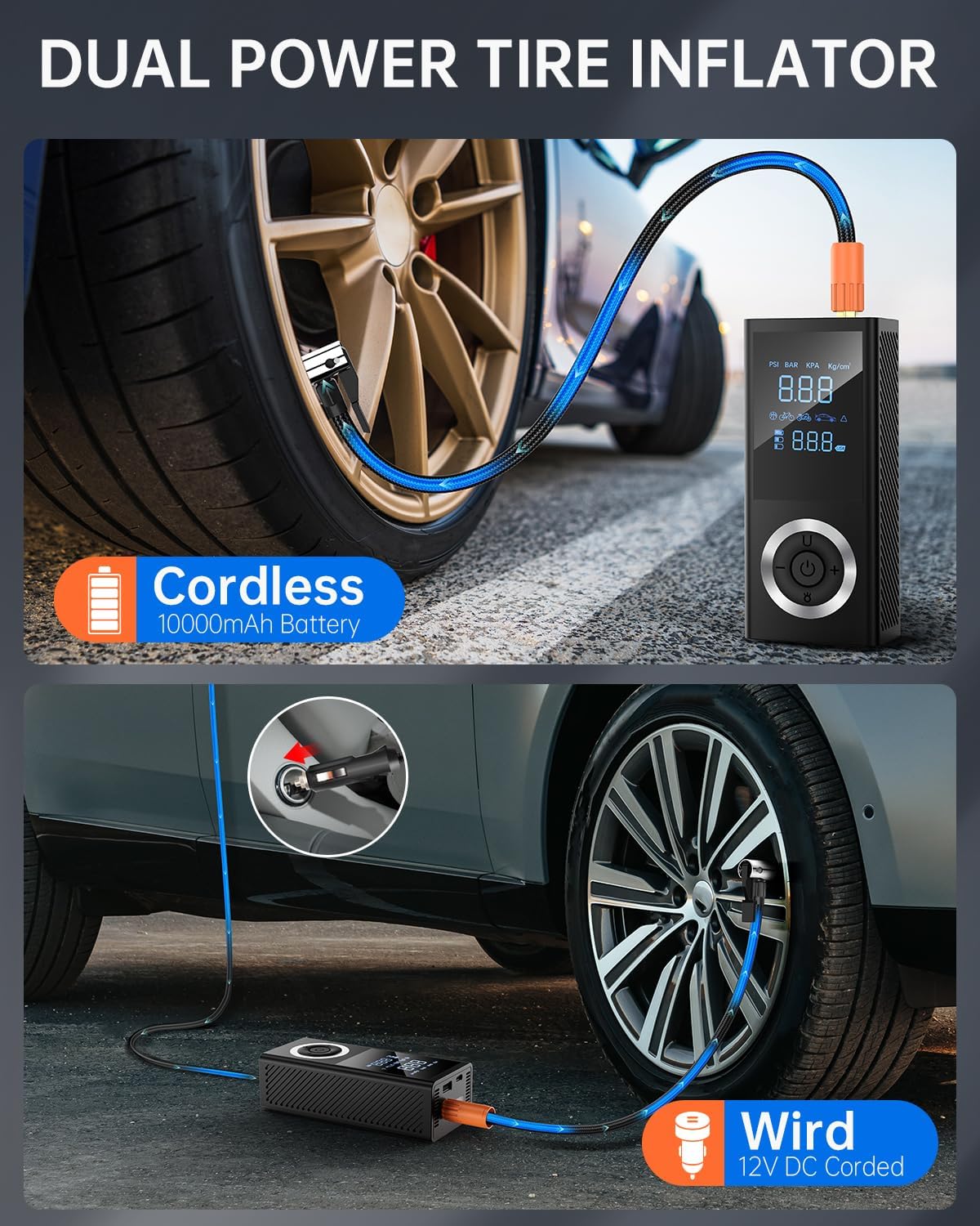 Tire Inflator Portable Air Compressor, 150 PSI Smart Air Pump for Car Tires with Digital Pressure Gauge, LED Light, 12V Car Power Adapter, Storage Box