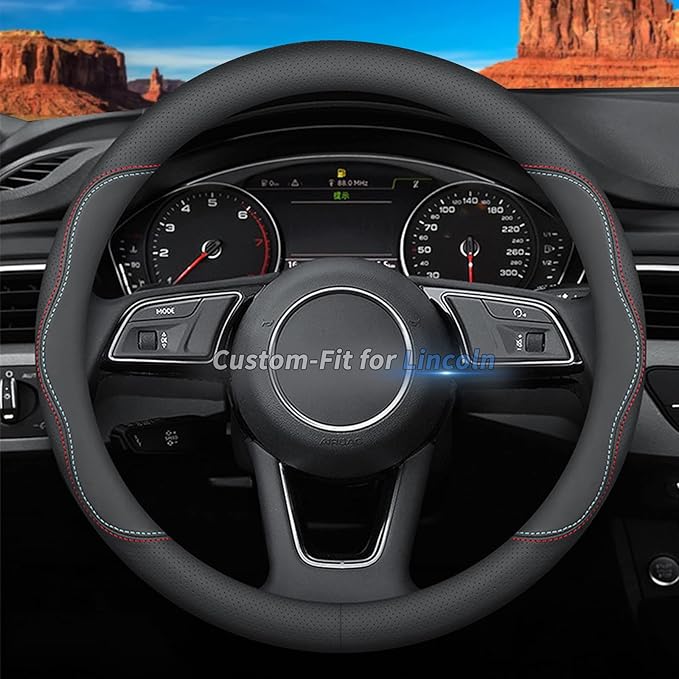 Custom-Fit for Lincoln Steering Wheel Cover, Premium Leather Car Steering Wheel Cover with Logo, Non-Slip, Breathable, for Lincoln Accessories (A-Style,for Lincoln)
