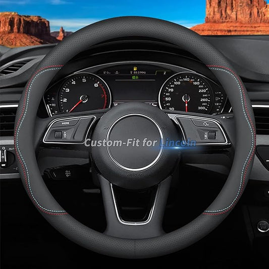 Custom-Fit for Lincoln Steering Wheel Cover, Premium Leather Car Steering Wheel Cover with Logo, Non-Slip, Breathable, for Lincoln Accessories (A-Style,for Lincoln)
