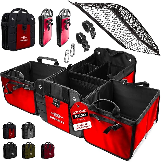 Extra Large Car Trunk Organizer for SUV - Trunk Storage - Modular Configurable Detachable Collapsible - Minivan Truck Sedan Van - 4 Compartment XXL, Red