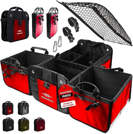 Extra Large Car Trunk Organizer for SUV - Trunk Storage - Modular Configurable Detachable Collapsible - Minivan Truck Sedan Van - 4 Compartment XXL, Red