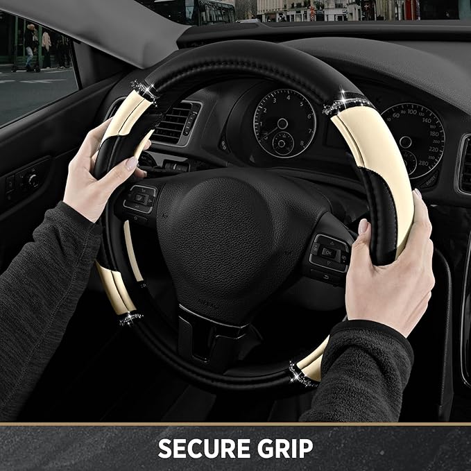 Road Comforts Leather Steering Wheel Cover - Made with PVC Leather - Anti-Slip, Universal Fit 14 1/2 inches to 15 inches - Milky White