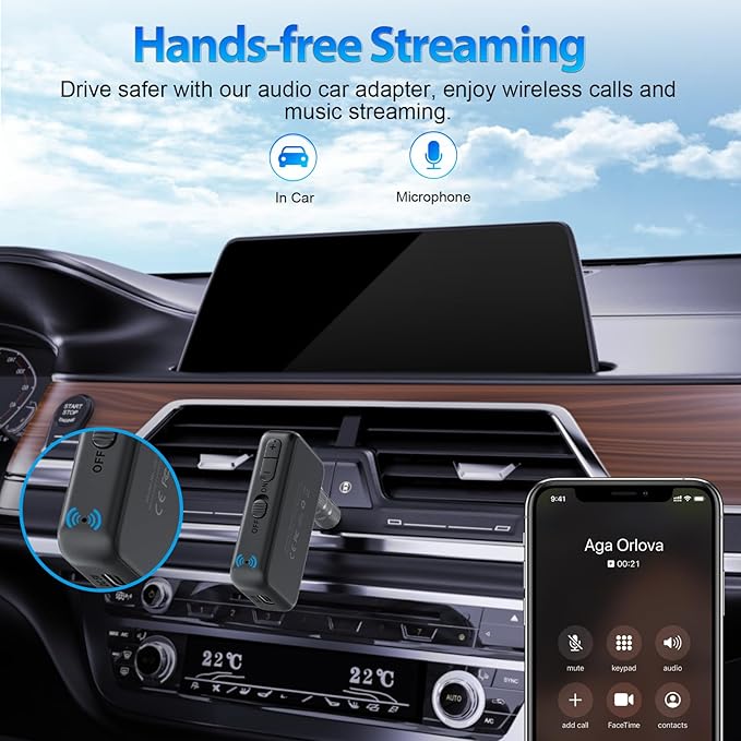 1Mii LDAC Bluetooth Aux Adapter for Car, Wireless Bluetooth 5.3 Receiver with Volume Control, 10H Battery Life, Hands Free Calls, Use in Car/Home Stereo/Wired Headphones/Speaker