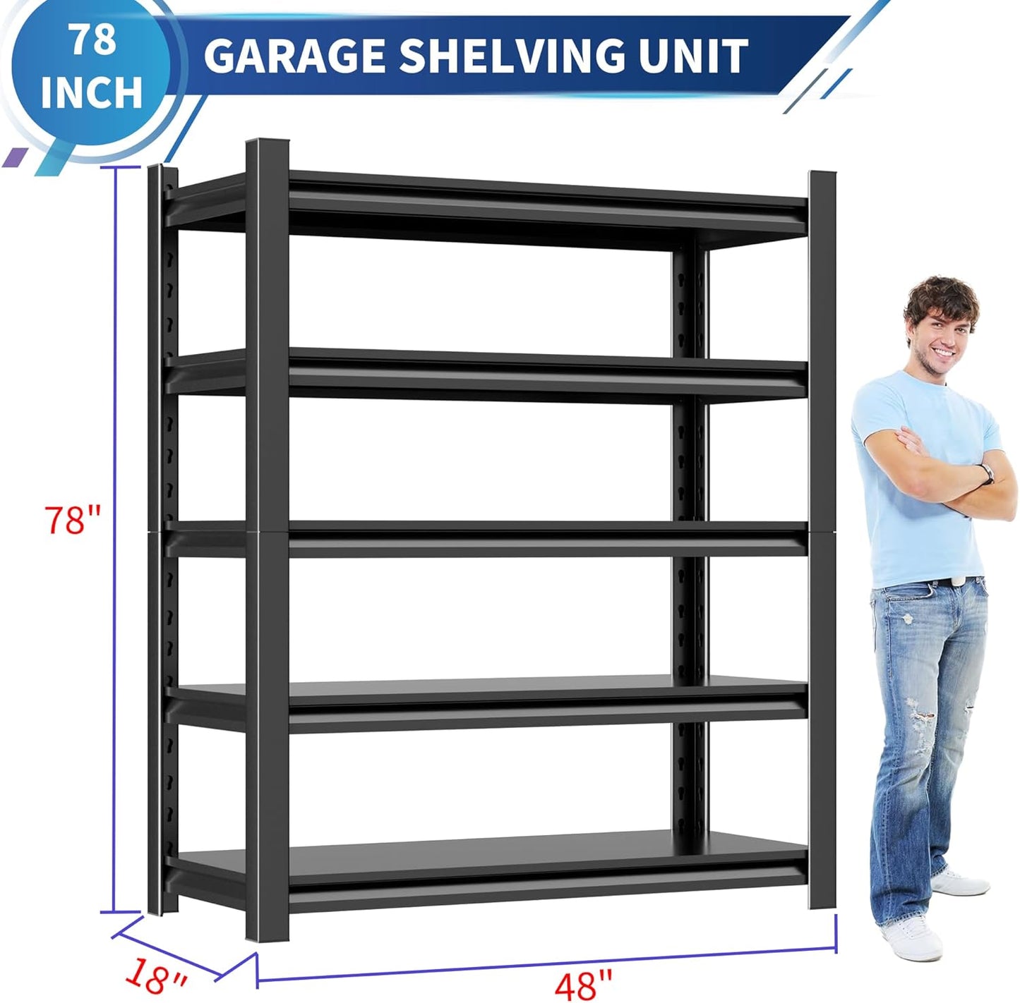 2 Sets Metal Garage Shelving Unit,78"H Heavy Duty 5-Tier Adjustable Storage Rack,18"D x 48"W x 78"H Steel Shelving,3000 lbs Industrial Shelves for Heavy Tools and Equipment,Ideal for Garage, Basement