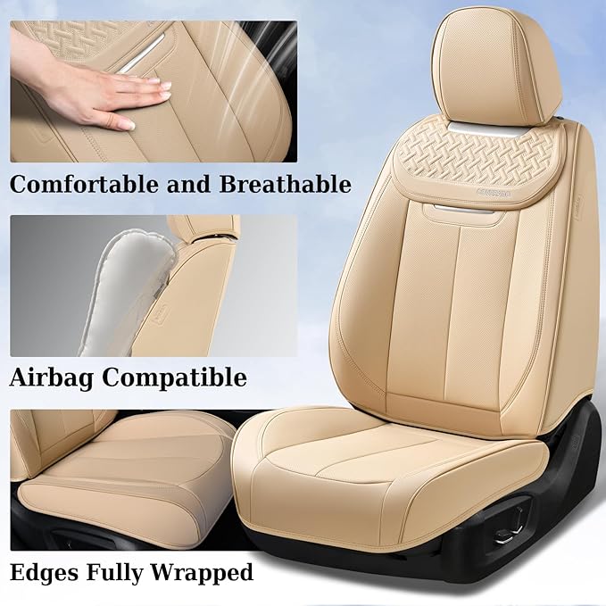 Coverado Car Seat Covers Full Set, Seat Covers Waterproof, Nappa Leather Seat Covers for Cars, Front and Back Car Seat Protector, Breathable Seat Cushion, Seat Cover Universal Fit Most Cars(Beige)