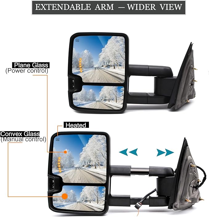 ReYee Towing Mirrors for 2014-2019 Chevy Silverado 1500 2500 3500 GMC Sierra with Heated Power Arrow Light Turn Signal Light Auxiliary Lamp Manual Fold Telescoping Chrome Cap