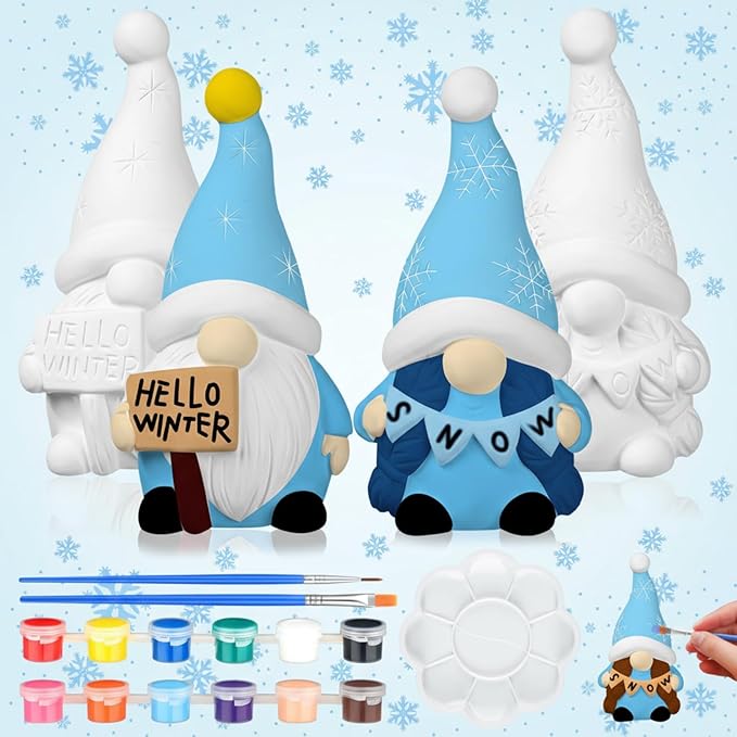 Seenelling 2 Pack Winter Gnomes Ready to Paint Your Own Gnome Statues 4'' DIY Winter Unpainted Ceramics Figurines Kit Blank Paintable Ceramics for Art Crafts Winter Christmas Decor