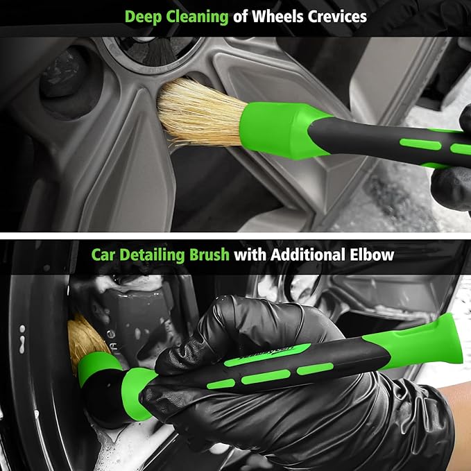 YeewayVeh 4PCS Car Wheel Cleaning Kit, Bendable Wheel Brush and Microfiber Scratch-Free Wheel Cleaner Brush, Tire and Car Detailing Brush Set for Cleaning Rims Fenders Engine and Exhaust, Green&Black