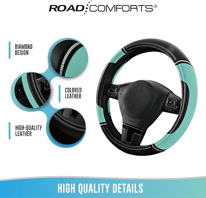 Road Comforts Leather Steering Wheel Cover - Made with PVC Leather - Anti-Slip, Universal Fit 14 1/2 inches to 15 inches - Mint