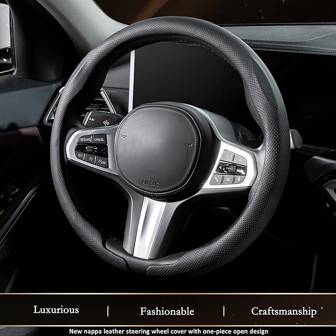 Aimato Nappa Leather Steering Wheel Cover, Ultra-Thin Car Steering Wheel Cover,Comfortable & Breathable Microfiber,Universal Fit for Most Cars, Black