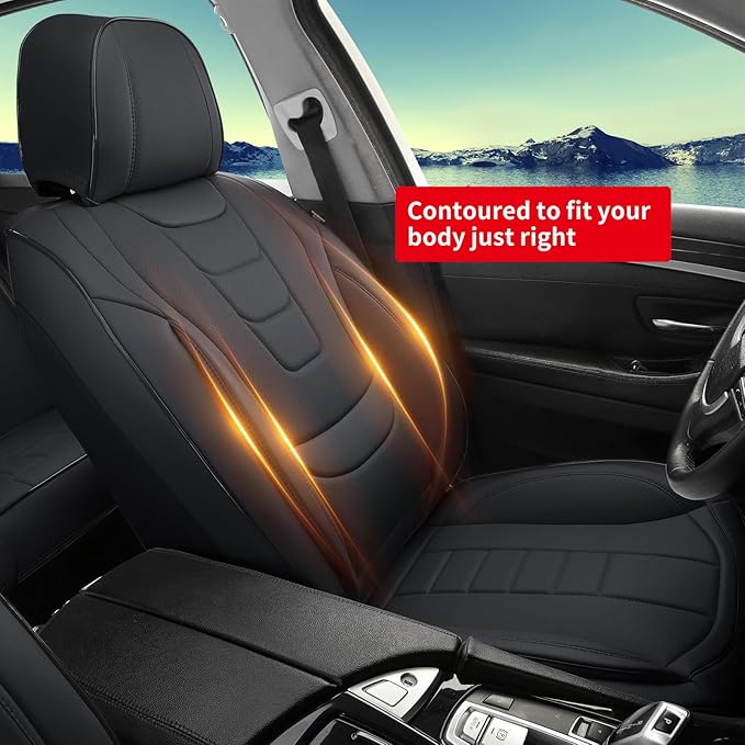 Car Seat Covers for Full Set – Waterproof & Breathable Faux Nappa Leather, 360° Wrap Design, Airbag Compatible, Lumbar Support, Perfect for Drivers With Back Pain From Sitting Too Long – Black
