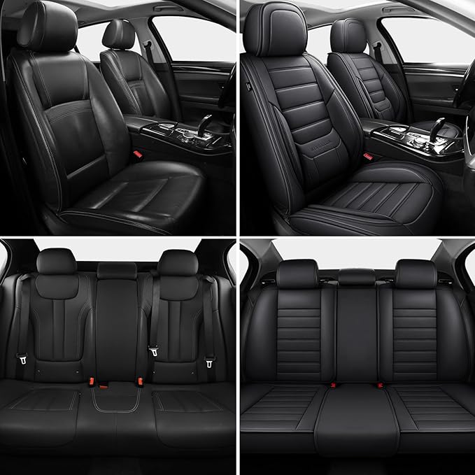 Black Car Seat Cover with Lumbar Support, Car Seat Protector Waterproof, Nappa Leather Car Seat Cushion, Car Seat Covers Front Seats and Back Fit for Most Cars