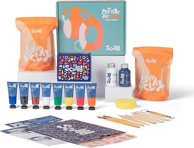 Sculpd - The Original Pottery Kit - Complete Air Dry Clay Kit for Adults Includes Sculpting Tools, Varnish, Paint Brushes, Guides, Arts & Crafts Sets, Gloss Varnish with Classic Tones