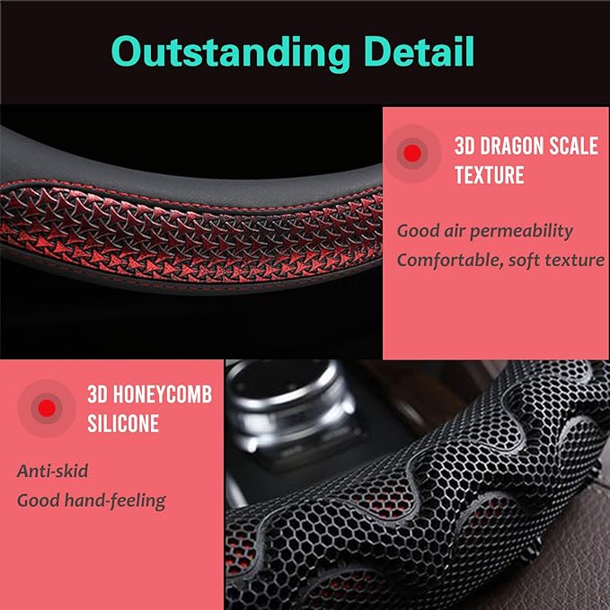PINCTROT Steering Wheel Cover Great Grip with 3D Honeycomb Anti-Slip Design, Universal 14.5-15 Inch (Wine Red)