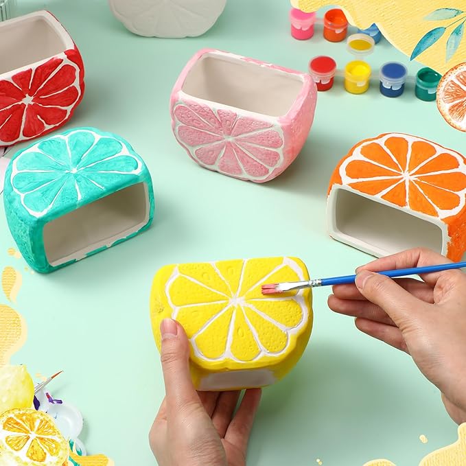 Pasimy 6 Set DIY Ceramic Succulent Planter Pots Paint Your Own Flower Pots Craft Kit Unpainted Bisque Paintable Flowerpot with Brush Palette Ready to Paint for Family Activity Gift(Orange)