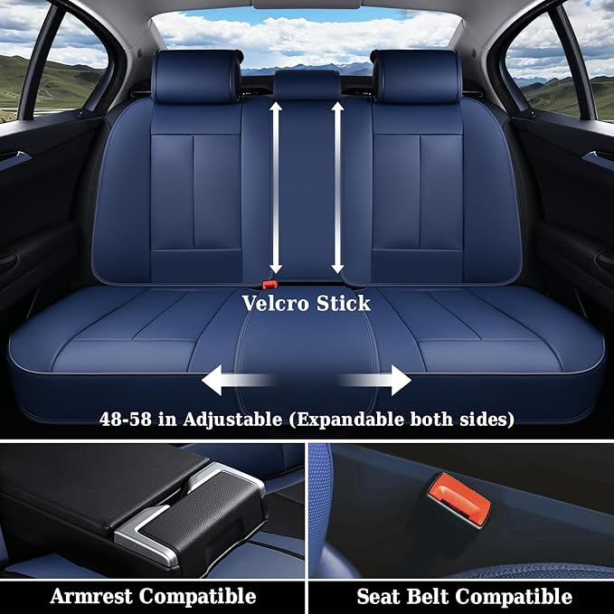 Coverado Car Seat Covers Full Set, Blue Car Seat Cover, Nappa Leather Seat Covers for Cars, Waterproof Car Seat Protector with Lumbar Support, Automotive Seat Covers Universal Fit for Most Cars (Blue)