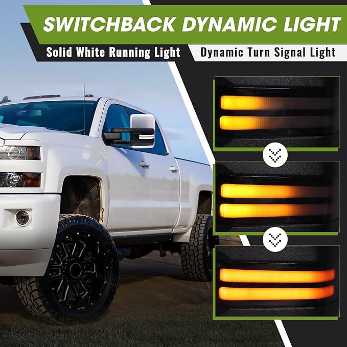 Towing Mirrors for Chevy Silverado/GMC Sierra 1500 (2014-2018), 2500HD/3500HD (2015-2019), Switchback Dynamic Turn Signal/Running Lights Power Heated (Painted Silver)