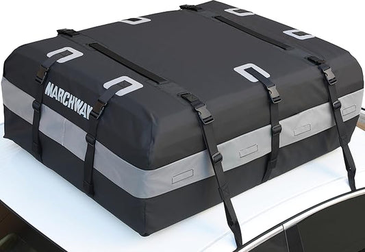 MARCHWAY Waterproof Car Roof Luggage Bag, Weatherproof Soft Shell Rooftop Cargo Carrier Bag for Vehicles with or Without Rack. 6 Door Hooks, Anti Slip Mat, Lock Included (15 Cubic Feet, Black)