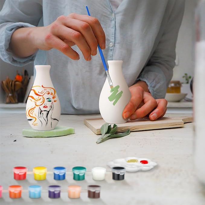 Singhoow 4 Set Paint Your Own Porcelain Paint Vase Art Project White Ceramic Painting Kit for Adults Porcelain Vase Decorating Kit with Christmas Holiday Supplies DIY(Stylish)