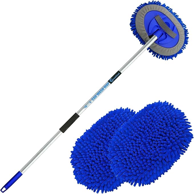 62" Car Wash Brush Mop Kit with Long Handle, 2 in 1 Chenille Microfiber Sponge Mitt Cleaning Detailing Duster for Washing Cars Truck SUV RV Caravans and Household(2 x Mop Head) (Blue)