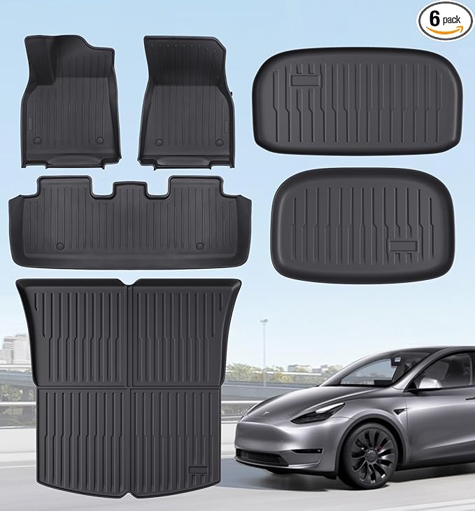 Floor Mats Fits for Tesla Model Y 5-Seat 2024-2020 - All Weather TPE Front, Rear, Cargo & Sub-Trunk Mats, 6-Piece Custom Fit (Not Fit 7-Seat)
