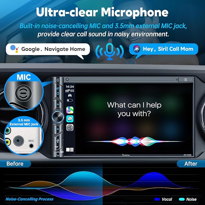 Upgrade Wireless Double Din Car Stereo with Carplay, Android Auto, Bluetooth, 4-Channel RCA, High Power, 2 Subwoofer Ports, 7" HD Capacitive Touchscreen Car Radio, Backup Camera, Audio Receiver