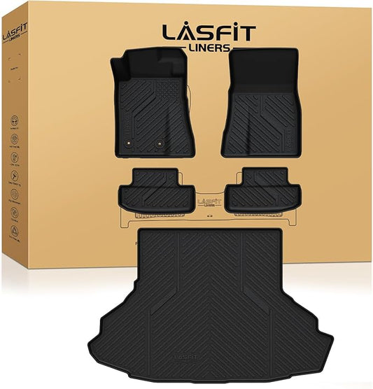 LASFIT Floor Mats and Trunk Mat for Ford Mustang 2024 2025 2026 (Cargo w/o Subwoofer Box) All Weather Protector TPE Car Floor Liners, 1st & 2nd Row & Cargo Liner, 5pcs Black
