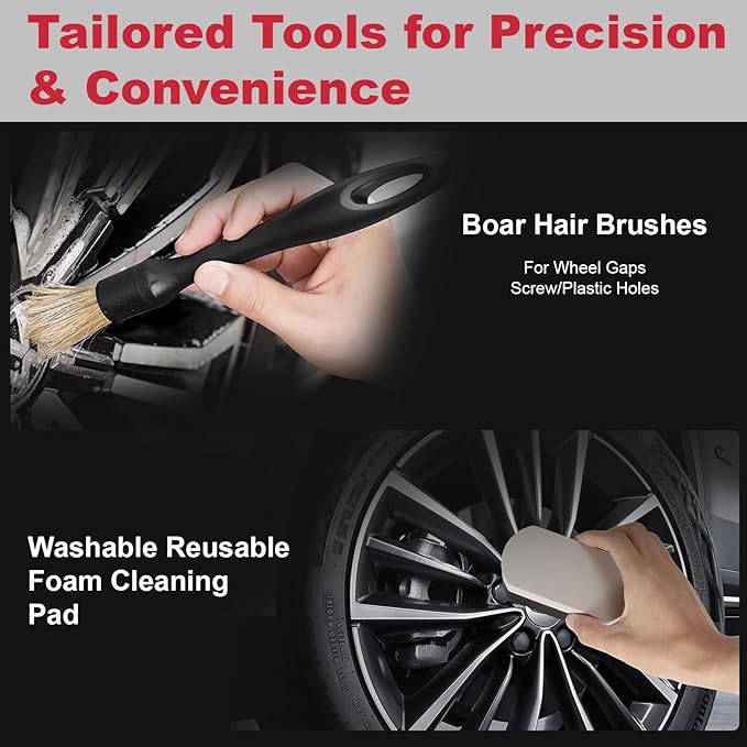 9PCS Scratch-Free Car Wheel Cleaning Kit - Soft Rims Brush, Microfiber Flat Wheel Brush, Boar Hair Detail Brush & Cleaning Pads, Towel & Storage Bag | for Sedans, SUVs, Trucks & ATVs