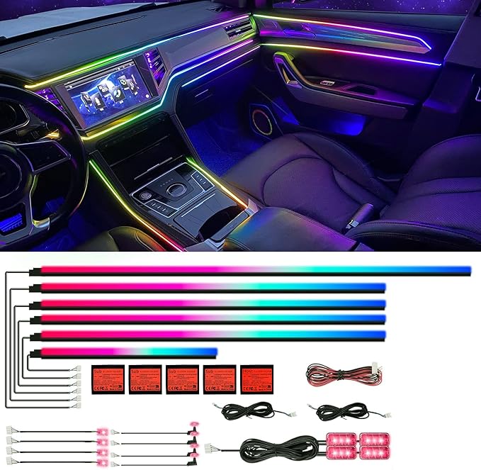 Acrylic Interior Car LED Strip Light with APP, 18-in-1 128 Colorful 6 Pieces Fiber Optic Car Decoration Atmosphere Light Kits, Dual Zone Music Sync Rhythm RGB Neon Lighting for All Cars