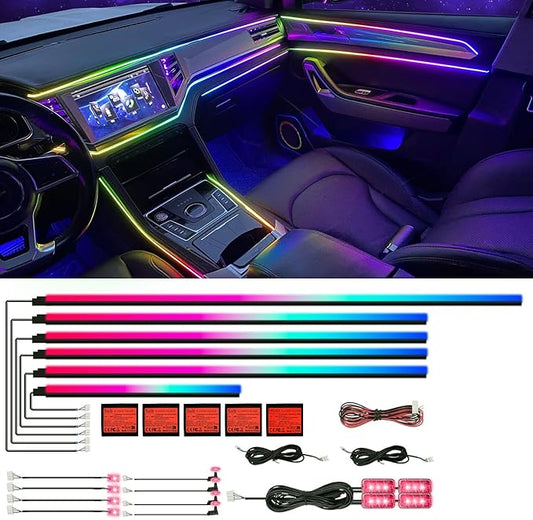 Acrylic Interior Car LED Strip Light with APP, 18-in-1 128 Colorful 6 Pieces Fiber Optic Car Decoration Atmosphere Light Kits, Dual Zone Music Sync Rhythm RGB Neon Lighting for All Cars