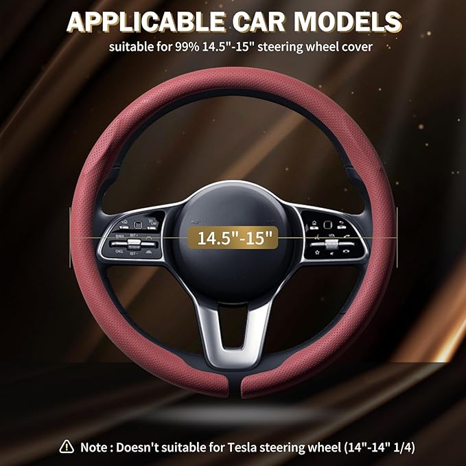 Aimato Nappa Leather Steering Wheel Cover, Ultra-Thin Car Steering Wheel Cover,Comfortable & Breathable Microfiber,Universal Fit for Most Cars,Wine Red