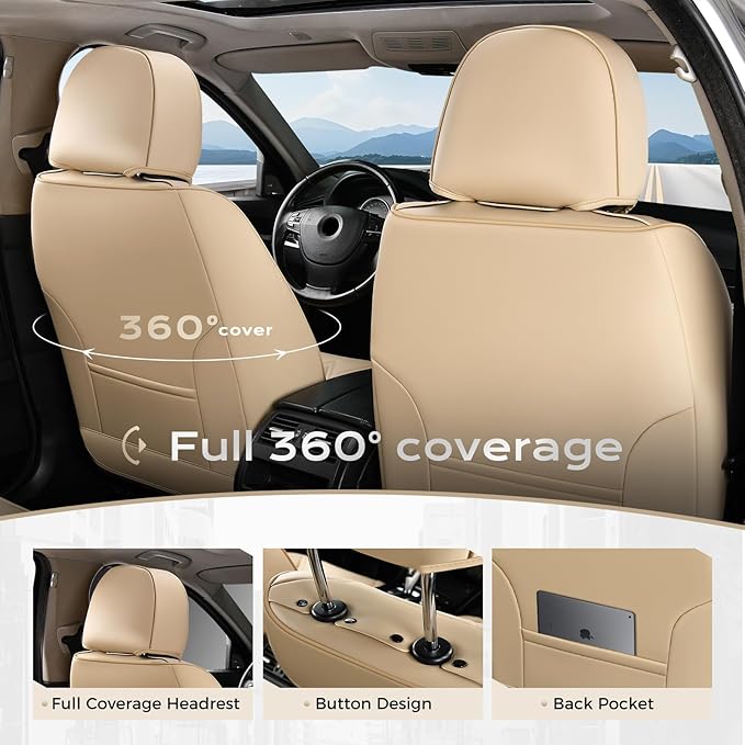 Coverado Car Seat Covers, Front Covers for Cars, Car Seat Cover Front Seats, Automotive Seat Cover, Waterproof, Leather Car Seat Cushion, Universal Interior Seat Protectors for Most Cars Beige