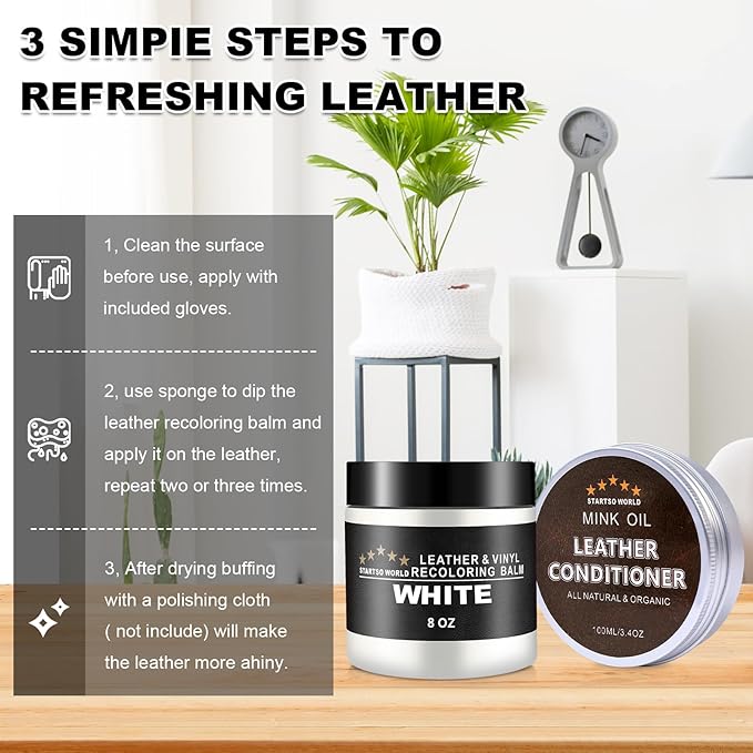 STARTSO WORLD Mink Oil Leather Recoloring Balm & Conditioner Kit - Repairs & Dyes White Leather for Couches, Sofas, Shoes & Vinyl