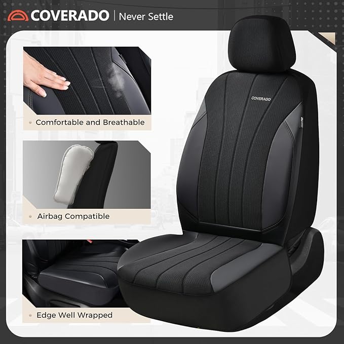Coverado Car Seat Covers Front Seats, Auto Seat Covers Full Set, Mesh Breathable Seat Protectors, 2 Seats Black Automotive Seat Covers, Universal Fit for SUV, Sedan, Truck
