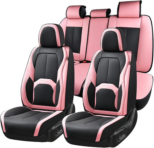 Coverado Car Seat Covers Full Set, Waterproof Nappa Leather Seat Covers for Car, Car Seat Protector with Lumbar Support, Automotive Seat Covers Universal Fit for Most Cars SUV Trucks, (Black&Pink)
