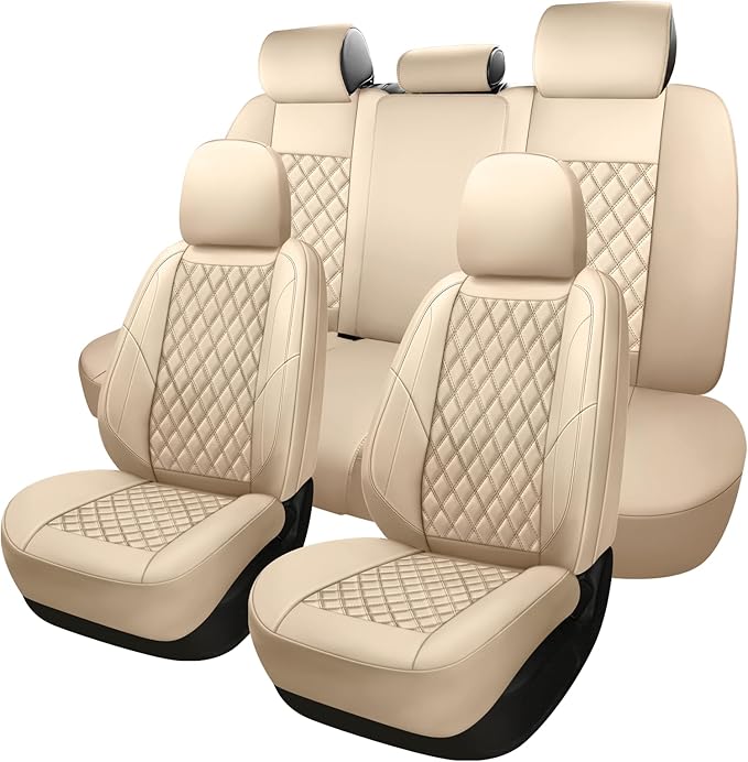 Premium Leather Car Seat Covers Full Set,Universal Fit for Cars,Trucks&SUVs,Waterproof Car Seat Cushion,Full Coverage Car Seat Protector with 5 Seats,Beige