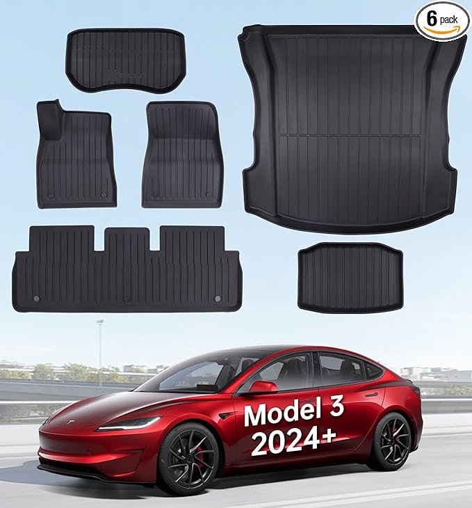 2025 New Version Floor Mats for Model 3 Highland - Full Set All Weather TPE Front, Rear, Cargo & Sub-Trunk Mats, 6-Piece Custom Fit