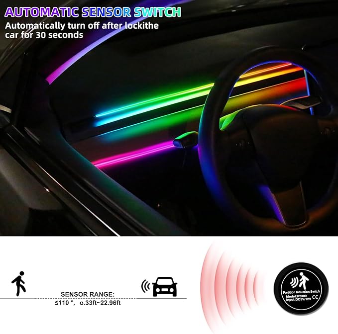Dreamcolor Acrylic Interior Car LED Strip Light with Motion Sensor Switch, 55.1 inches Neon LED Strip Light, RGB Colors Ambient Lighting Kits