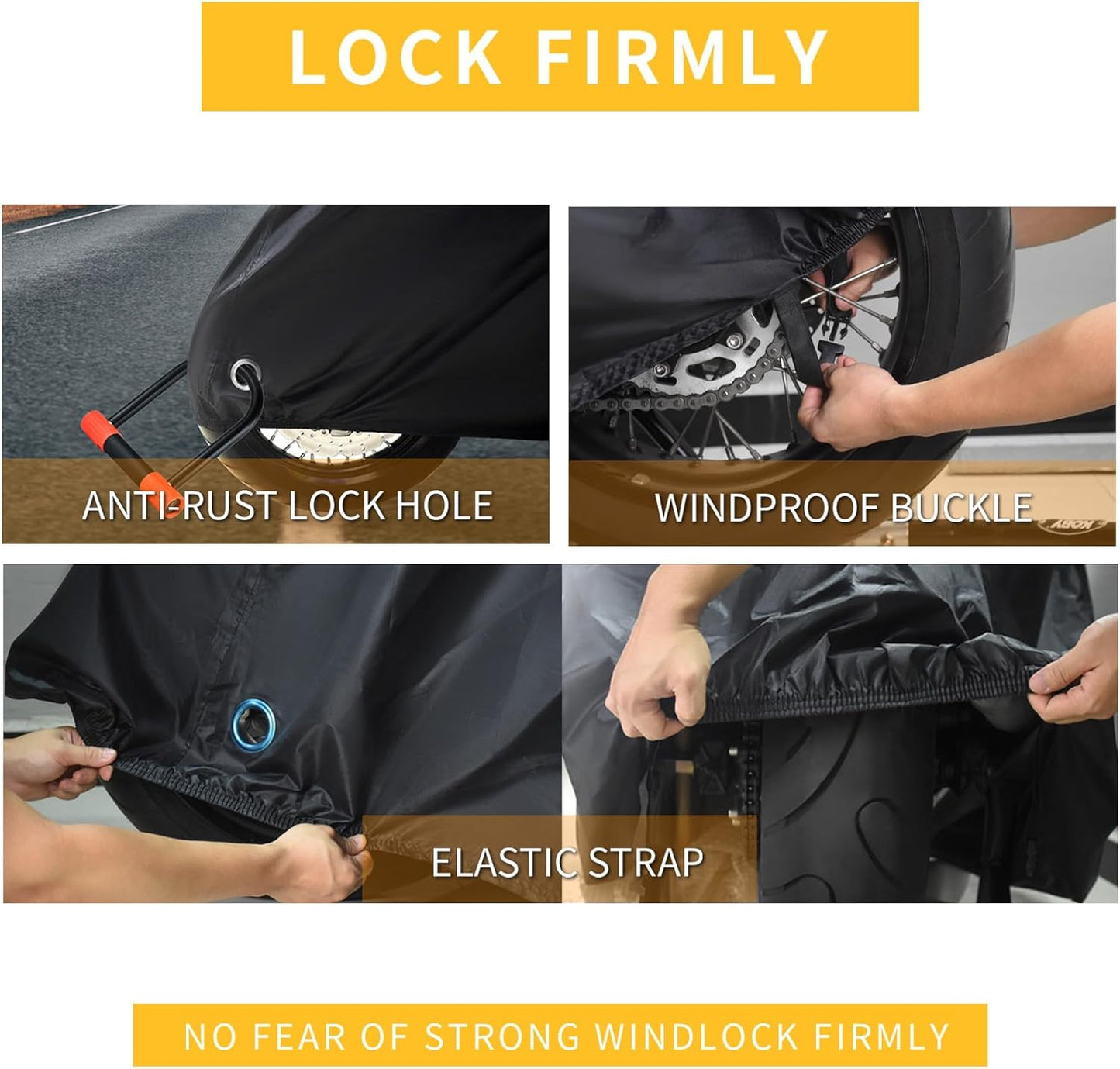 210D Motorcycle Cover All Season Waterproof Breathable Sun Outdoor Protection Three Reflective Tape with Lock-Holes & Storage Bag Bike Scooter Cover Universal (Black, 96.6''*41''*50'')