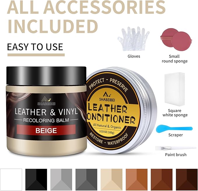 Leather Recoloring Balm with 100ml Mink Oil, Beige Leather Repair Kit and Scratch Remover for Furniture, Car Seats, Sofas, Dye & Restorer for Couches, Vinyl, PU, Faux