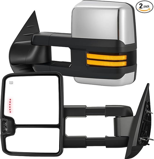 Tow Mirrors Compatible with 2007-2013 Chevy Silverado GMC Sierra, Extended Trailer Towing Side Mirrors with Sequential Switchback Turn Signal, Backup Light, Power Heated Adjustable, Chrome