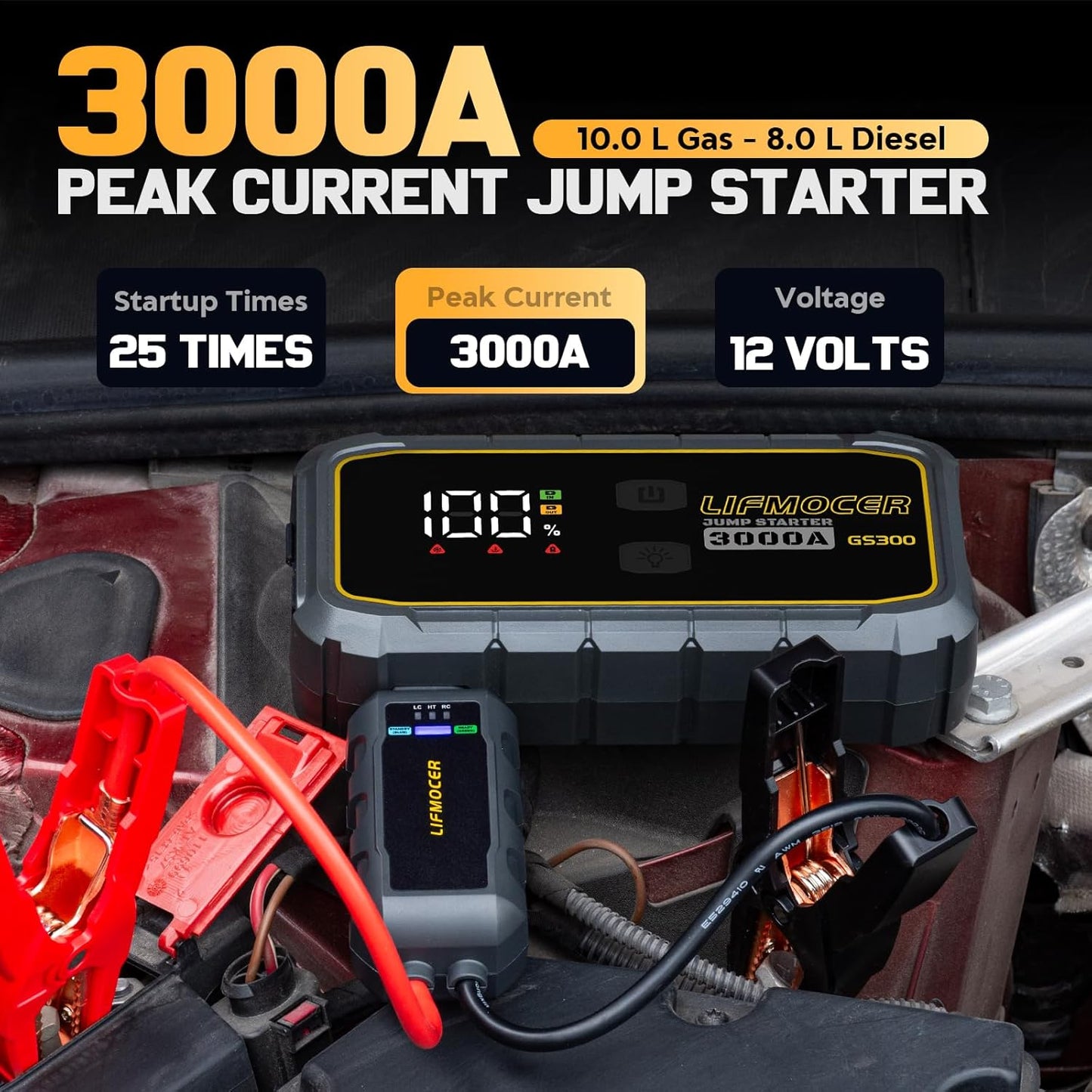 GS300 Jump Starter - 3000A Car Battery Jump Starter for Up to 10.0L Gas and 8.0L Diesel Engines, 12V Portable Jump Box with Storage Case USB Quick Charge, and LCD Display