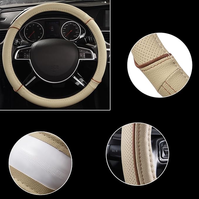 CAR PASS Line Rider Universal Fit Delux Leather Steering Wheel Cover, for suvs,sedans,Vans,Trucks for 14.7" to 15" (Beige)
