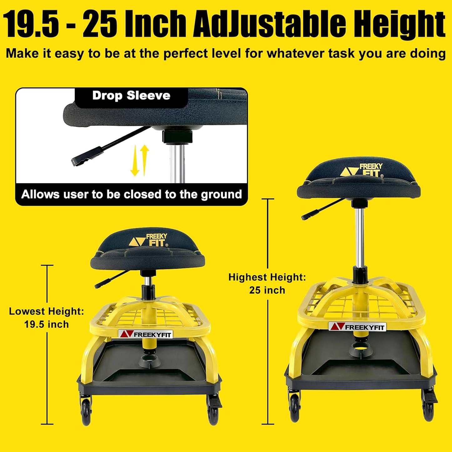 Rolling Shop Stool with Wheels, Garage Work Mechanic Stool with Backrest, Roller Mechanic Chair, Adjustable Height, 360° Swivel, Tool Tray Storage, 330 LBS Capacity, Heavy Duty, Yellow