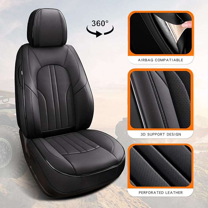 Car Seat Cover Full Set, Leather Car Seat Cover, Waterproof Seat Covers, Car Seat Cushion, Nappa Leather Seat Covers Car Seat Protector Universal Fit Most Cars Black
